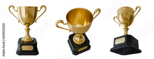 Golden trophy cup, competition, transparent background, 3D