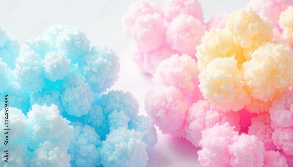 Fototapeta premium Pastel pink, blue, and yellow cotton candy swirls on a white background , summer, celebration, spring