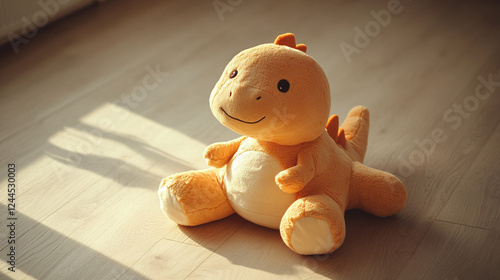 Plush toy dinosaur with soft brown fur, positioned against a cozy nursery background, evoking childhood nostalgia and playful innocence