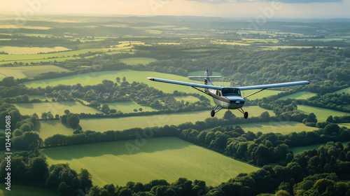 Small Aircraft Flying Over a Lush Green Countryside with Farmlands and Trees Below Under a Bright, Clear Sky