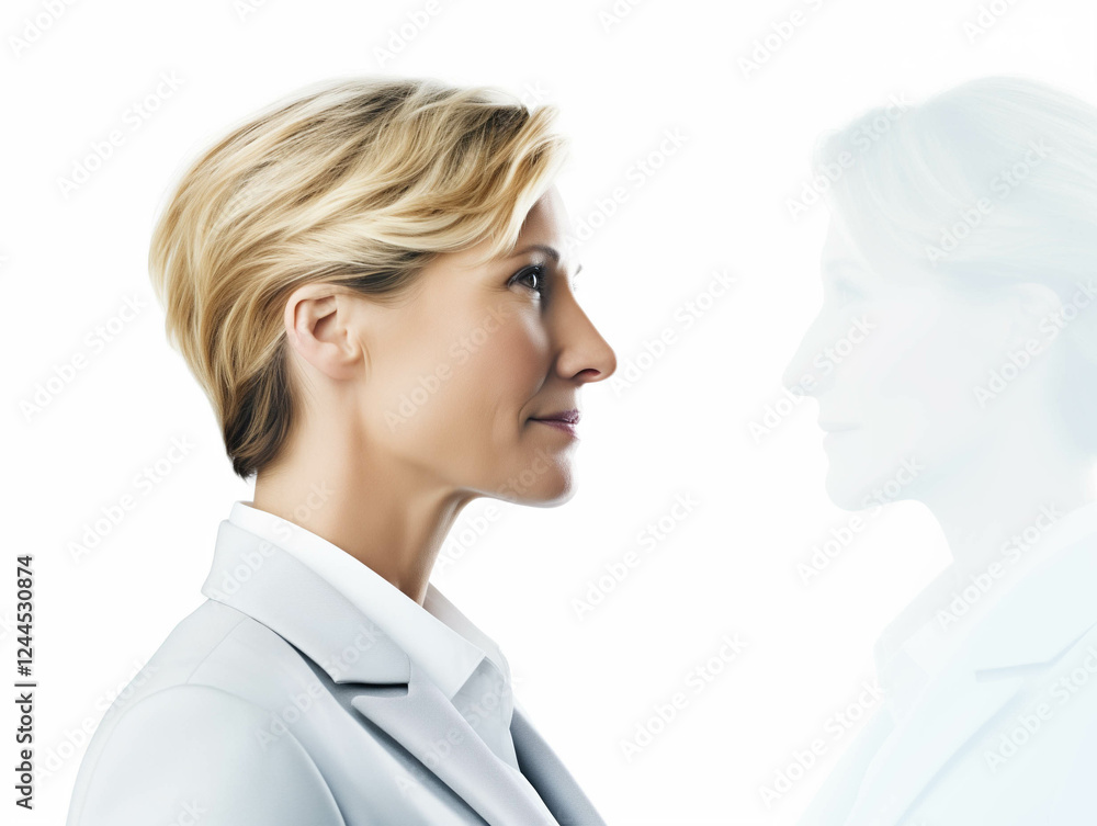Professional Woman Reflecting on a Clean White Background Professional Woman Reflecting on a Clean White Background