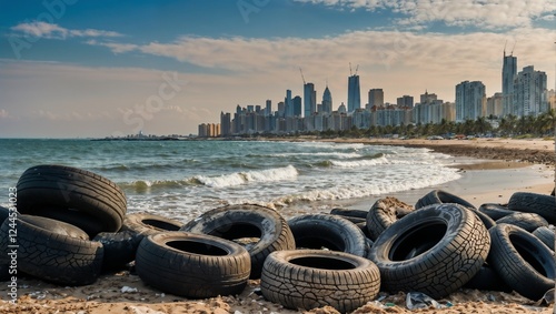Old car tires, garbage washed up on the beach against the background of a factory with smoking pipes