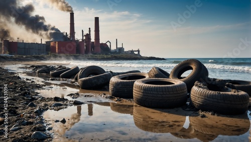 Old car tires, garbage washed up on the beach against the background of a factory with smoking pipes