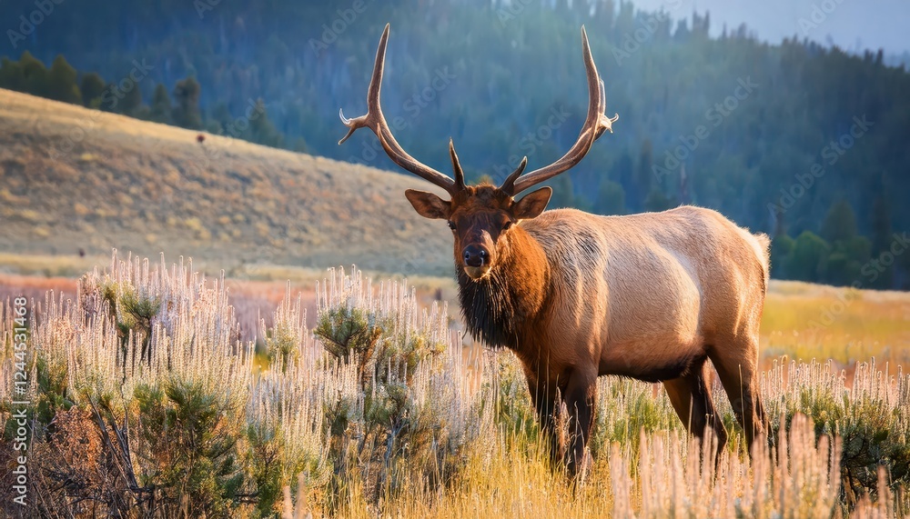 Majestic Elk Grazes Against the Backdrop of SnowCapped Mountains in Wintery Yellowstone National Park, Capturing the Serene Beauty and Wildlife Wonders of Americas First National Park Majestic Elk Grazes Against the Backdrop of SnowCapped Mountains in Wintery Yellowstone National Park, Capturing the Serene Beauty and Wildlife Wonders of Americas First National Park