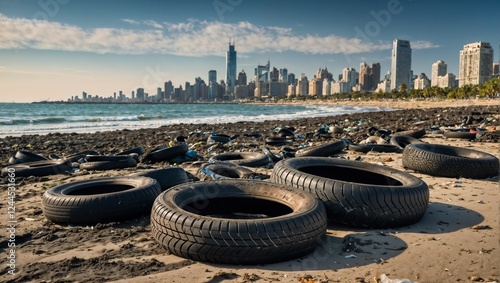 Old car tires, garbage washed up on the beach against the background of a factory with smoking pipes