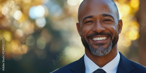 A middle-aged man with a beard and balding hair smiling for the camera against a seasonal fall background with trees and leaves. He's wearing a suit with a white shirt and appears to be attending an
