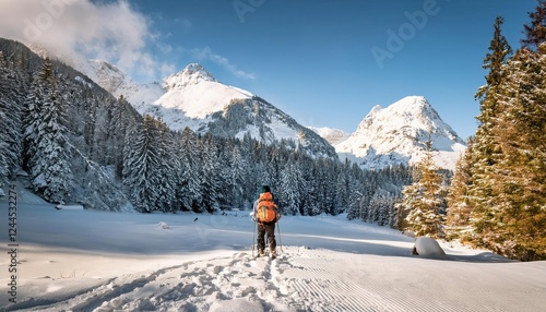 Thrilling Winter Adventure Exploring Snowy Landscapes and Majestic Mountain Ranges in a Winter Wonderland, Capturing the Spirit of Frosty Peaks and Pristine Powder photo