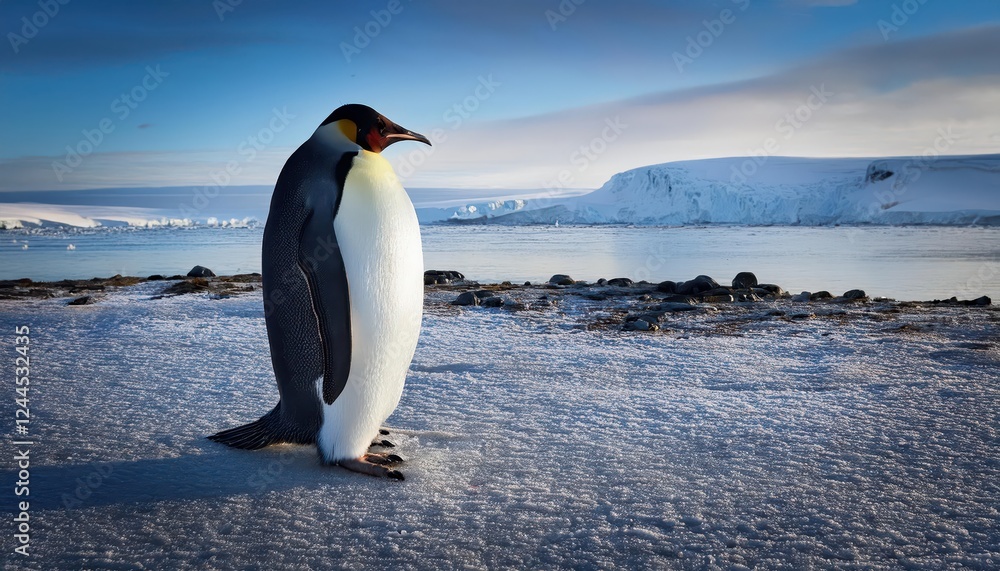 Fototapeta premium Striking Lone Emperor Penguin Against Frozen Backdrop of Snow Hill Island, Antarctica A Majestic Sight to Behold in the Bleak Winter Landscape