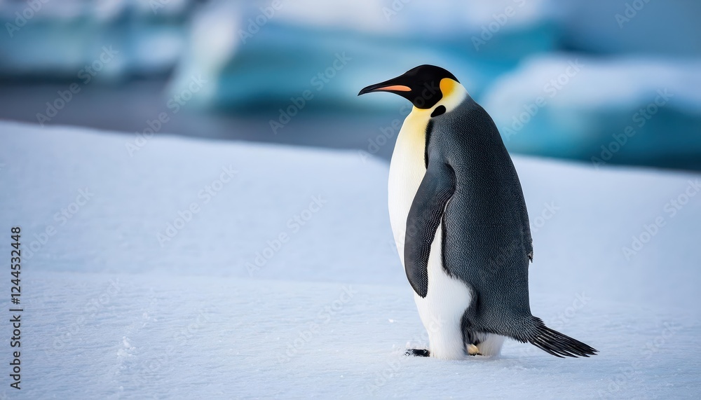 Fototapeta premium Imposing Emperor Penguin Amidst Snowy Landscape of Snow Hill Island, Antarctic Peninsula, at Twilight