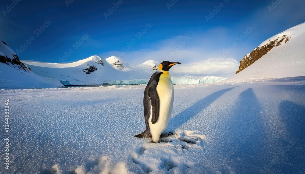 Fototapeta premium Striking Emperor Penguin Standing Regally on Snowy Snow Hill Island against a Backdrop of Antarctic Peninsulas Frosty Sunset, Embracing Winters Majesty.