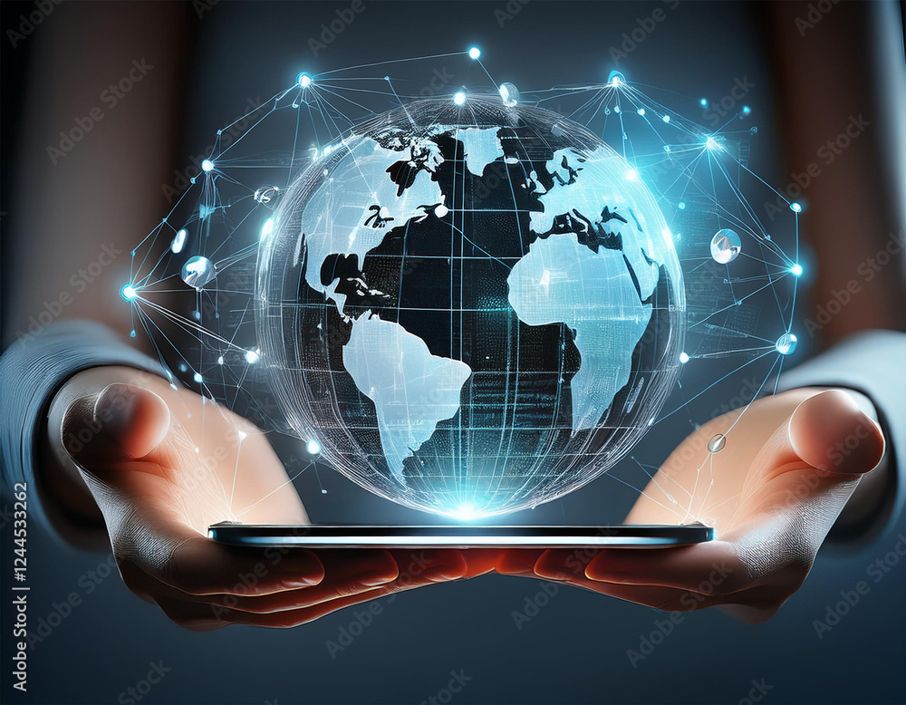 3d transparent hologram of a digital globe with social network connections centered on an outstretched hand holding a tablet computer against a grey background with subtle reflections generative ai 3d transparent hologram of a digital globe with social network connections centered on an outstretched hand holding a tablet computer against a grey background with subtle reflections generative ai