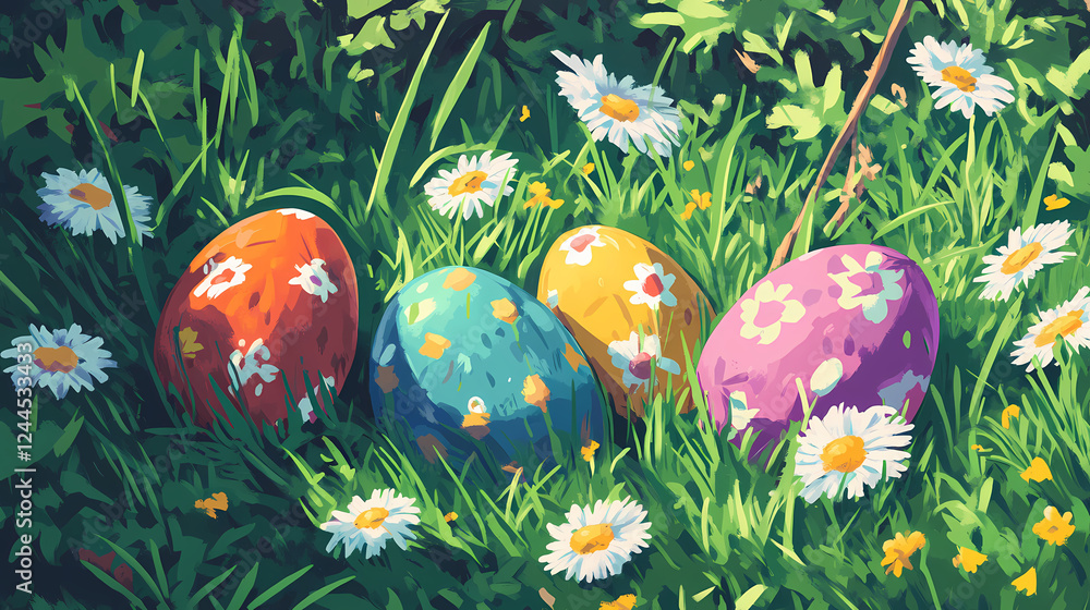 Colorful easter eggs hiding in green grass with daisies and spring flowers. Hidden Easter Eggs & Symbolism. Illustration Colorful easter eggs hiding in green grass with daisies and spring flowers. Hidden Easter Eggs & Symbolism. Illustration