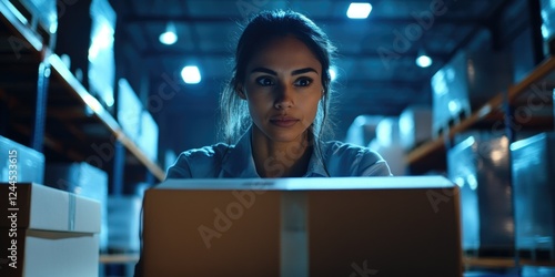 Staged image of a woman sitting at a desk with an open laptop, surrounded by stacks of boxes and items in a warehouse setting. photo