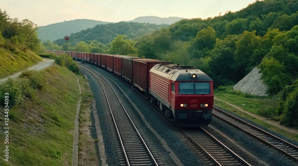 Train Traveling Through Scenic Landscape with Lush Green Hills and Freight Cars in Background Train Traveling Through Scenic Landscape with Lush Green Hills and Freight Cars in Background