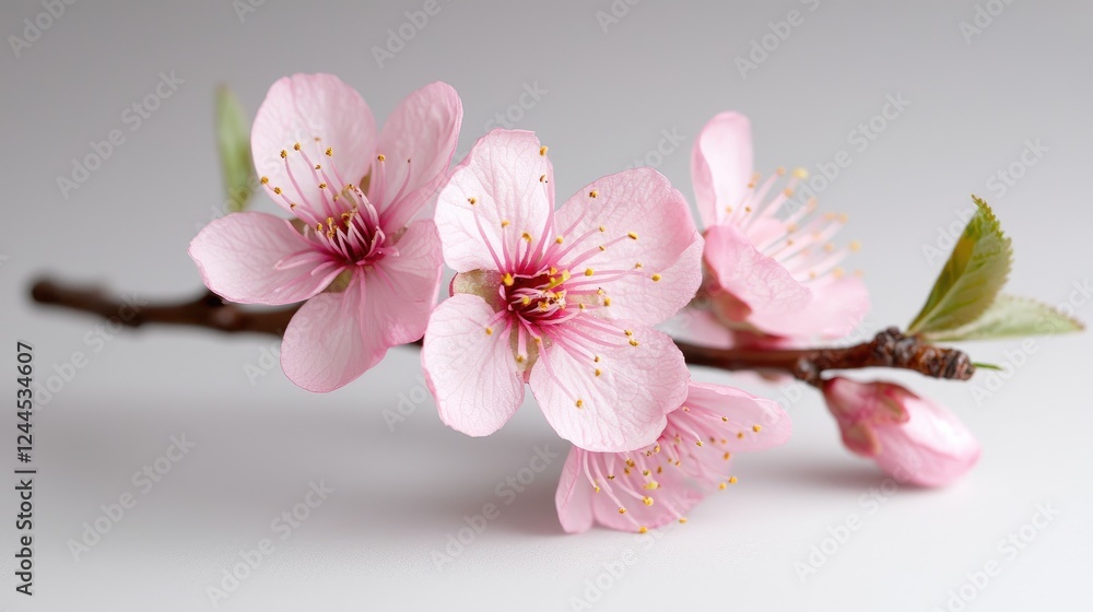 Delicate pink blossoms on a branch, spring bloom, close-up, neutral background, nature photography Delicate pink blossoms on a branch, spring bloom, close-up, neutral background, nature photography