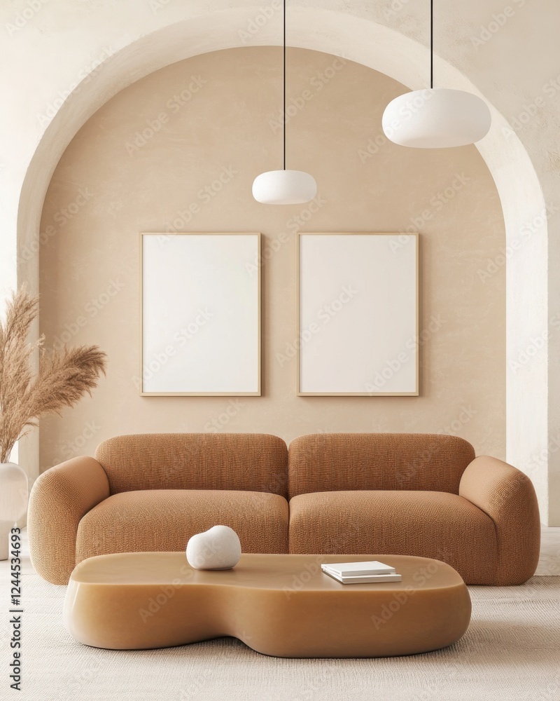 Fototapeta premium Levanto style living room, cozy caramel toned boucle sofa, arched textured accent wall, sculptural resin coffee table, minimalist pendant lights, two blank