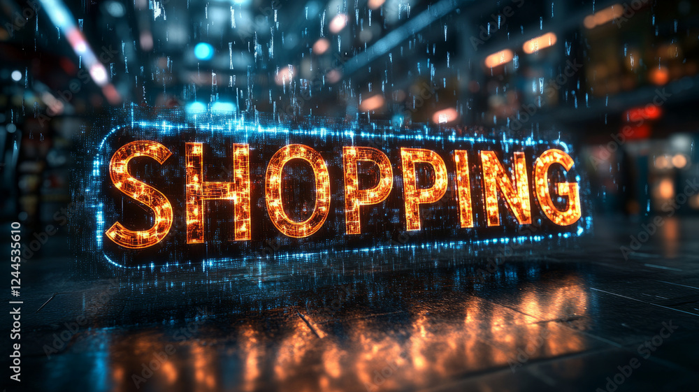Glowing neon shopping sign in a futuristic urban setting. Glowing neon shopping sign in a futuristic urban setting.