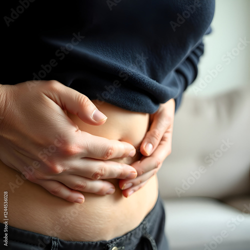 A clenched hand grasps a tender abdomen, as a faintly visible outline of a couch in the blurred background suggests a day ruined by digestive discomfort. photo