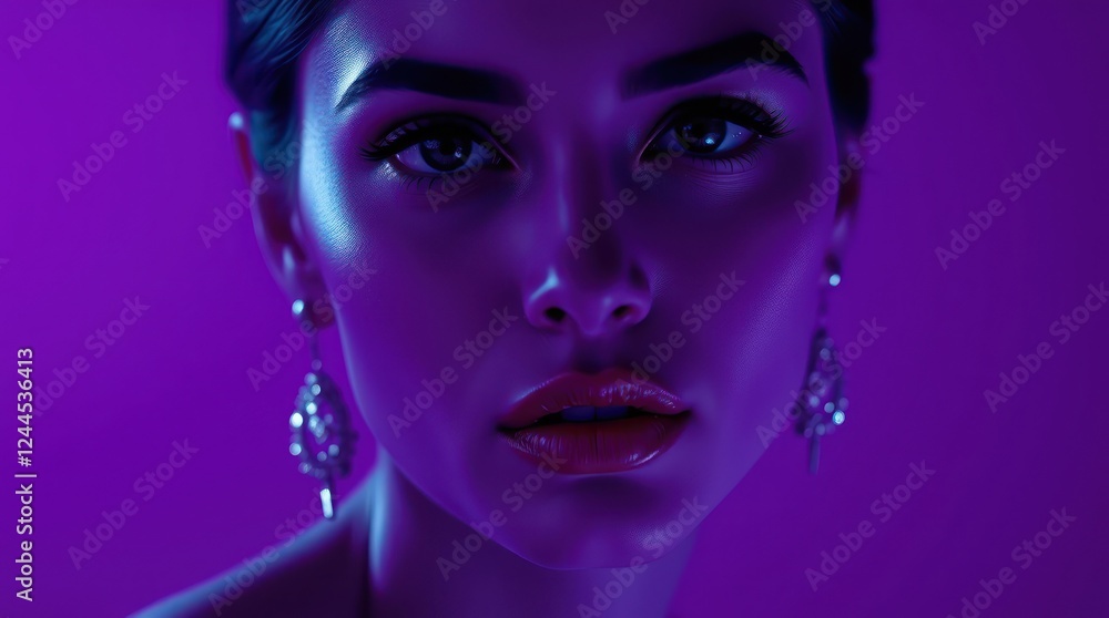 Deep ultraviolet hues, a portrait of a graceful, elegant woman with refined features in vivid purples and high contrast Deep ultraviolet hues, a portrait of a graceful, elegant woman with refined features in vivid purples and high contrast