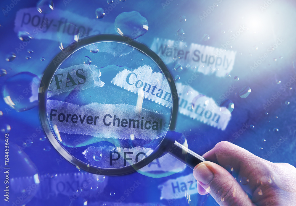 Obraz premium PFAS Forever Chemicals water and newspaper headlines with magnifying glass