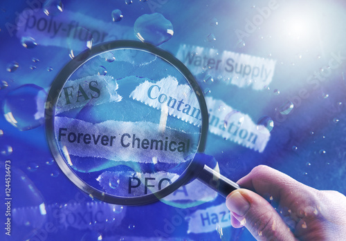 PFAS Forever Chemicals water and newspaper headlines with magnifying glass