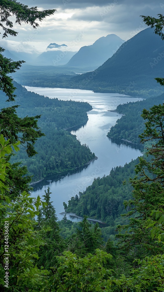 Obraz premium Serene mountain lake valley, overcast sky, tranquil nature scene, ideal for travel brochures