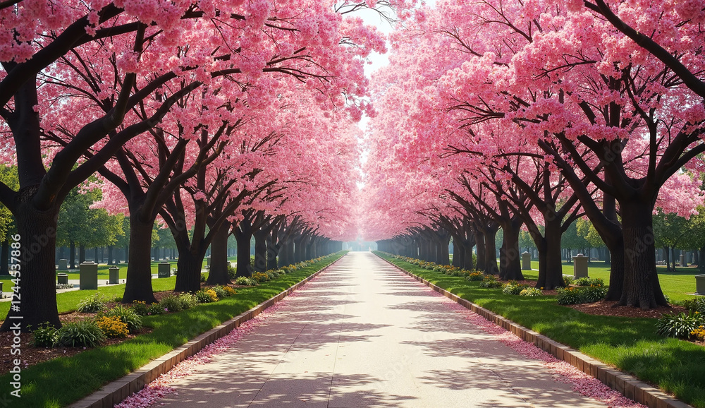 Road with blooming trees in spring