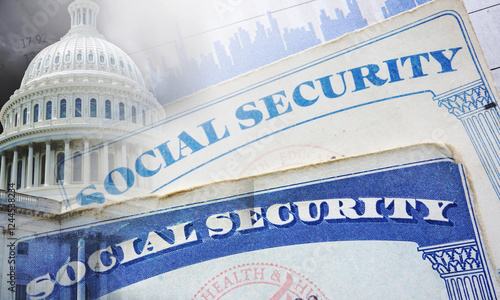 Social Security cards and US Capitol dome with payment chart