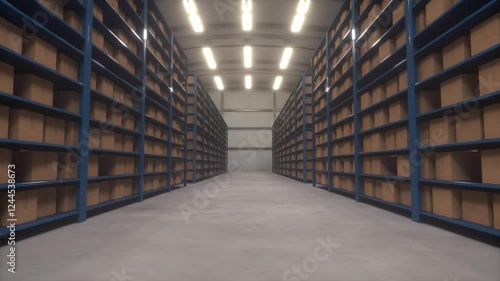 Retail warehouse full of shelves with goods in cardboard boxes. Logistics and Distribution concept. Dolly zoom walkthrough camera view