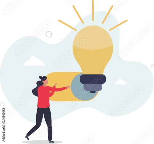 Turn on new idea, solution or innovation to solve problem, enable knowledge or creativity, toggle lightbulb idea invention, unlock or active concept.flat characters.