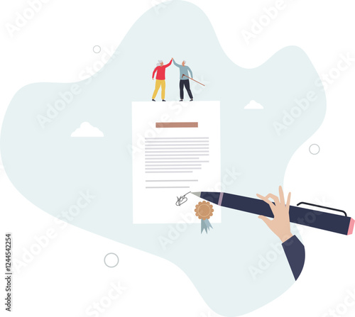 Testament and last wish property bequeath in old age.Pensioner retirement document about wealth inheritance with official document and official testamentary .flat characters.