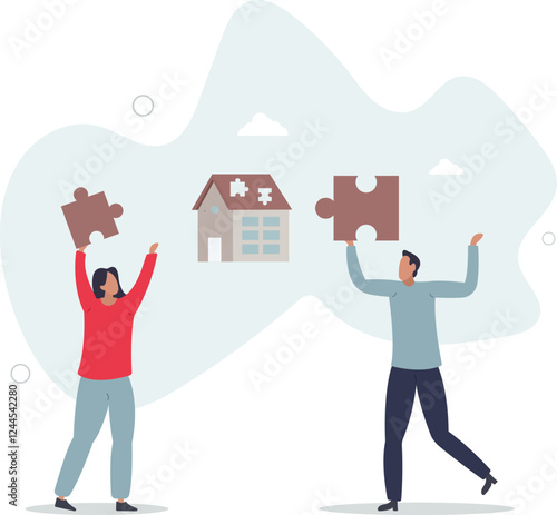 Volunteers working together to achieve common target .House assembly from donated materials for poor family .flat characters.