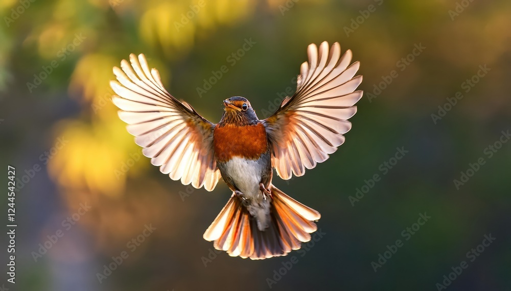 Naklejka premium Striking European Robin in Flight, Displaying a Flurry of Vibrant Red and White Feathers against a Backdrop of Lush Greenery and Blooming Wildflowers