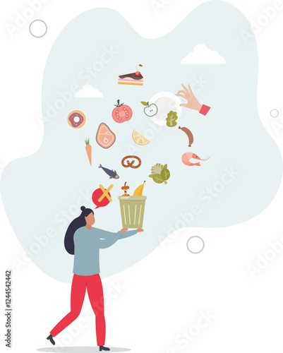 Food waste and meal leftovers garbage reduce awareness.Throw away groceries in trash after shelf life end .Bad attitude to environment and nature resources.flat characters.