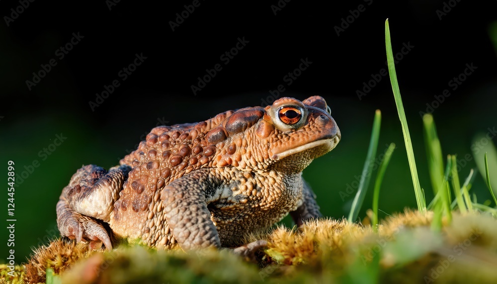 Striking Closeup of European Toad Bufo bufo in Detail, Showcasing Rich Textures and Vibrant Skin Patterns, Captured in a Natural Environment. Striking Closeup of European Toad Bufo bufo in Detail, Showcasing Rich Textures and Vibrant Skin Patterns, Captured in a Natural Environment.