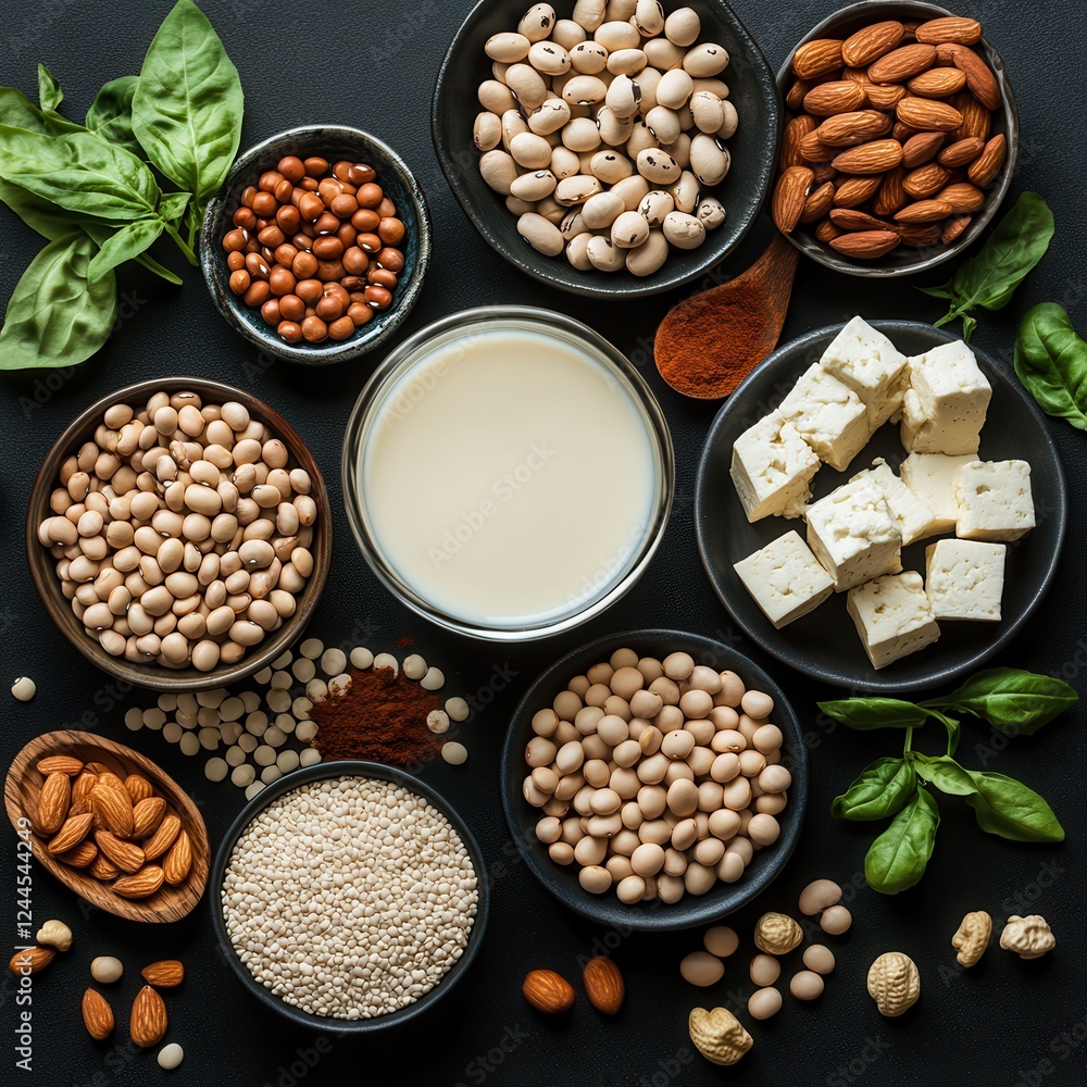 Vibrant arrangement of assorted plant-based ingredients showcasing textures and colors on a black table. Generative AI Vibrant arrangement of assorted plant-based ingredients showcasing textures and colors on a black table. Generative AI
