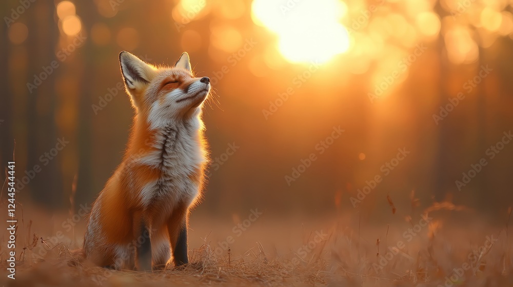 Obraz premium This captivating image showcases a fox basking in a beautiful sunset, highlighting its vibrant fur against the backdrop of golden light in a serene forest setting.