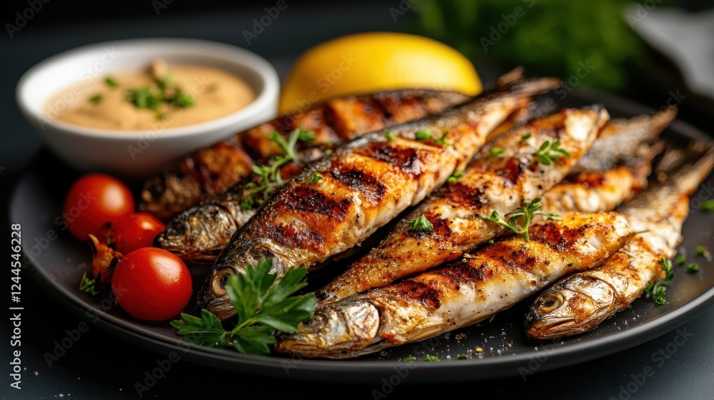 This mouthwatering image portrays a beautifully presented plate of grilled fish, complemented by fresh vegetables, capturing the essence of a healthy and delicious meal. This mouthwatering image portrays a beautifully presented plate of grilled fish, complemented by fresh vegetables, capturing the essence of a healthy and delicious meal.