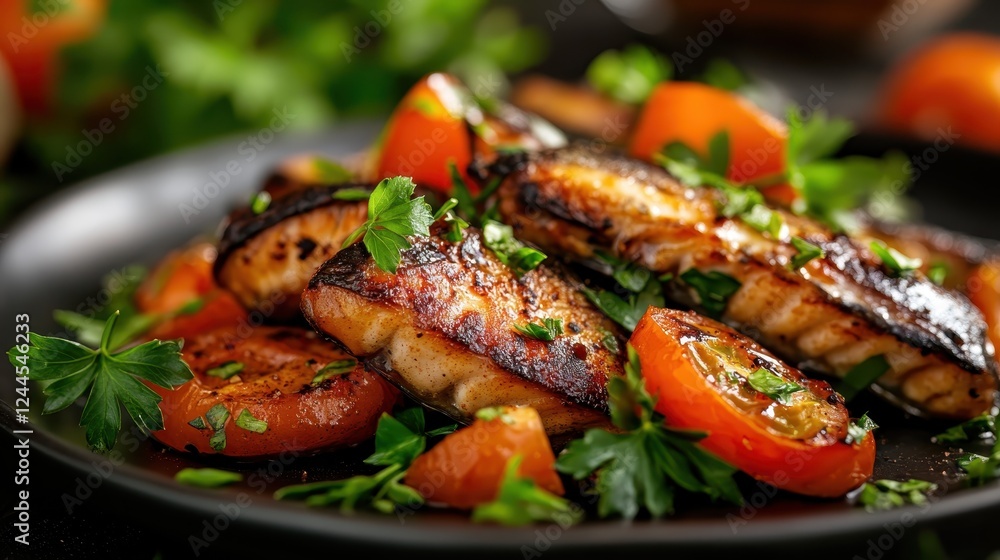 This appetizing close-up features a delicious serving of grilled fish paired with fresh tomatoes, beautifully plated to highlight the vibrant colors and flavors of this gourmet dish. This appetizing close-up features a delicious serving of grilled fish paired with fresh tomatoes, beautifully plated to highlight the vibrant colors and flavors of this gourmet dish.