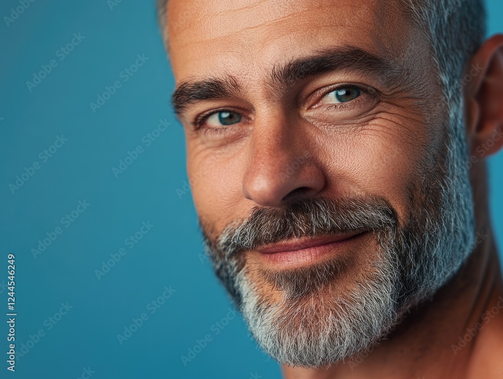 Obraz premium A mature adult male with a full gray beard, smiling broadly and looking directly at the camera. He has short silver hair, a well-groomed mustache, and appears to be in his late fifties or sixties.