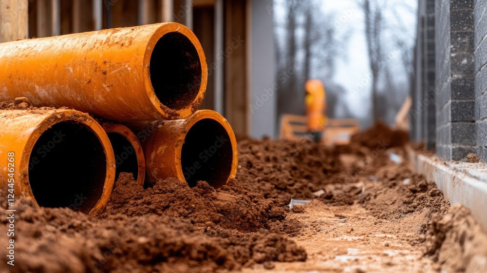 An industrial scene featuring bright orange drainage pipes stacked amid freshly dug earth at a construction site, capturing the essence of hard work and progress. An industrial scene featuring bright orange drainage pipes stacked amid freshly dug earth at a construction site, capturing the essence of hard work and progress.
