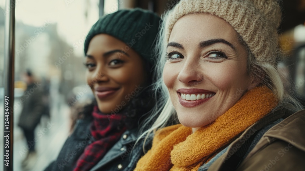 The image showcases a heartwarming scene of two individuals sharing a moment of happiness on a bus during wintertime. They are dressed in warm clothing and appear to be engaged in conversation, The image showcases a heartwarming scene of two individuals sharing a moment of happiness on a bus during wintertime. They are dressed in warm clothing and appear to be engaged in conversation,