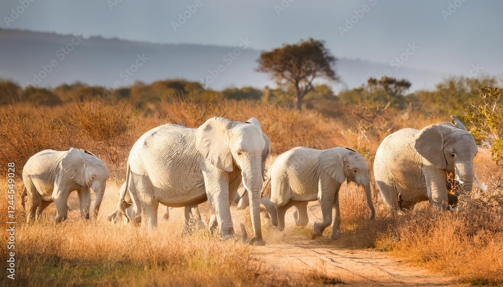 A Fascinating Family of Elephants Strolling Across an African Savannah at Dusk, Bathed in the Warm Hues of a Majestic Sunset, with Majestic Silhouettes and Rich Textures Reflecting off Their A Fascinating Family of Elephants Strolling Across an African Savannah at Dusk, Bathed in the Warm Hues of a Majestic Sunset, with Majestic Silhouettes and Rich Textures Reflecting off Their