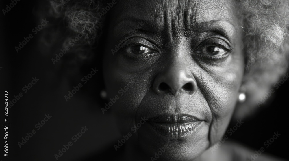 A powerful portrait of an elderly woman, captured in black and white. Her gaze is intense, reflecting a lifetime of wisdom and experience. The depth of field adds to the intimate feel of this image,