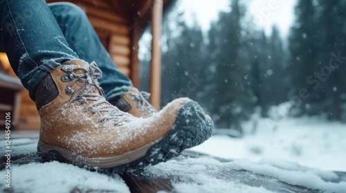 A pair of warm boots covered in snow rests on a wooden porch, surrounded by a serene winter landscape filled with trees and falling snowflakes, evoking peace and coziness. photo