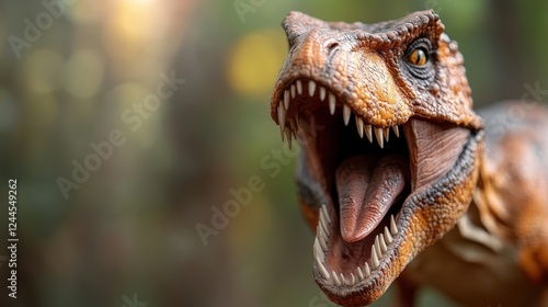 A close-up view of an aggressive Tyrannosaurus Rex, highlighting its fierce expression and textured skin, capturing the essence of this iconic prehistoric predator in detail. photo