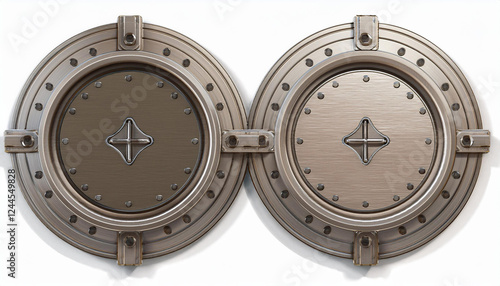 two metal portholes with screws isolated on white or white background 3d illustration photo