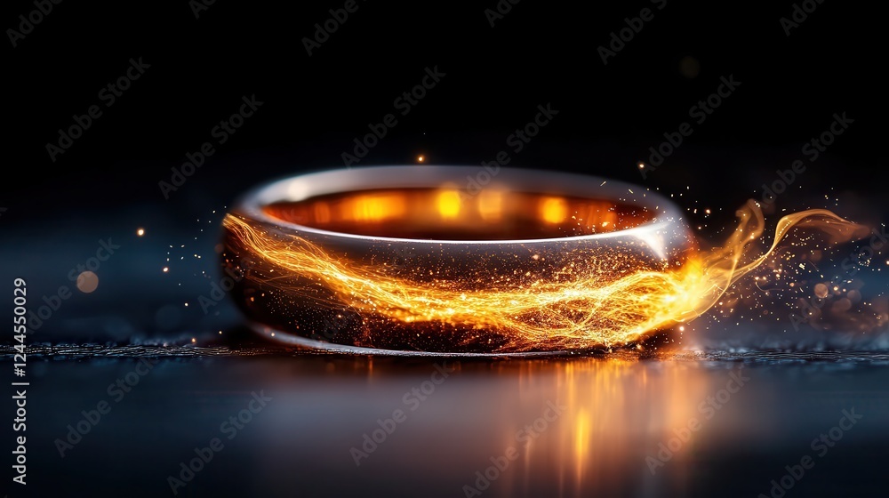 A captivating ring adorned with mesmerizing glowing effects, evoking sentiments of love and commitment, showcased against a dark background highlighting its beauty. A captivating ring adorned with mesmerizing glowing effects, evoking sentiments of love and commitment, showcased against a dark background highlighting its beauty.