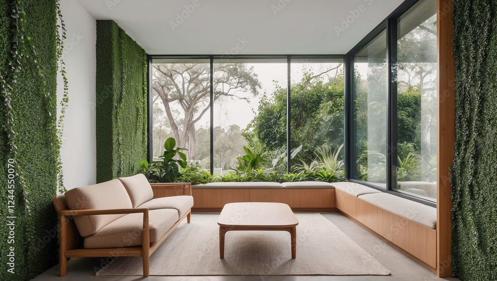 Fototapeta premium Modern living room design featuring greenery and large windows in a serene natural setting