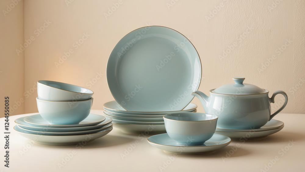 Elegant pastel blue tableware arranged on a light surface for a stylish dining occasion Elegant pastel blue tableware arranged on a light surface for a stylish dining occasion